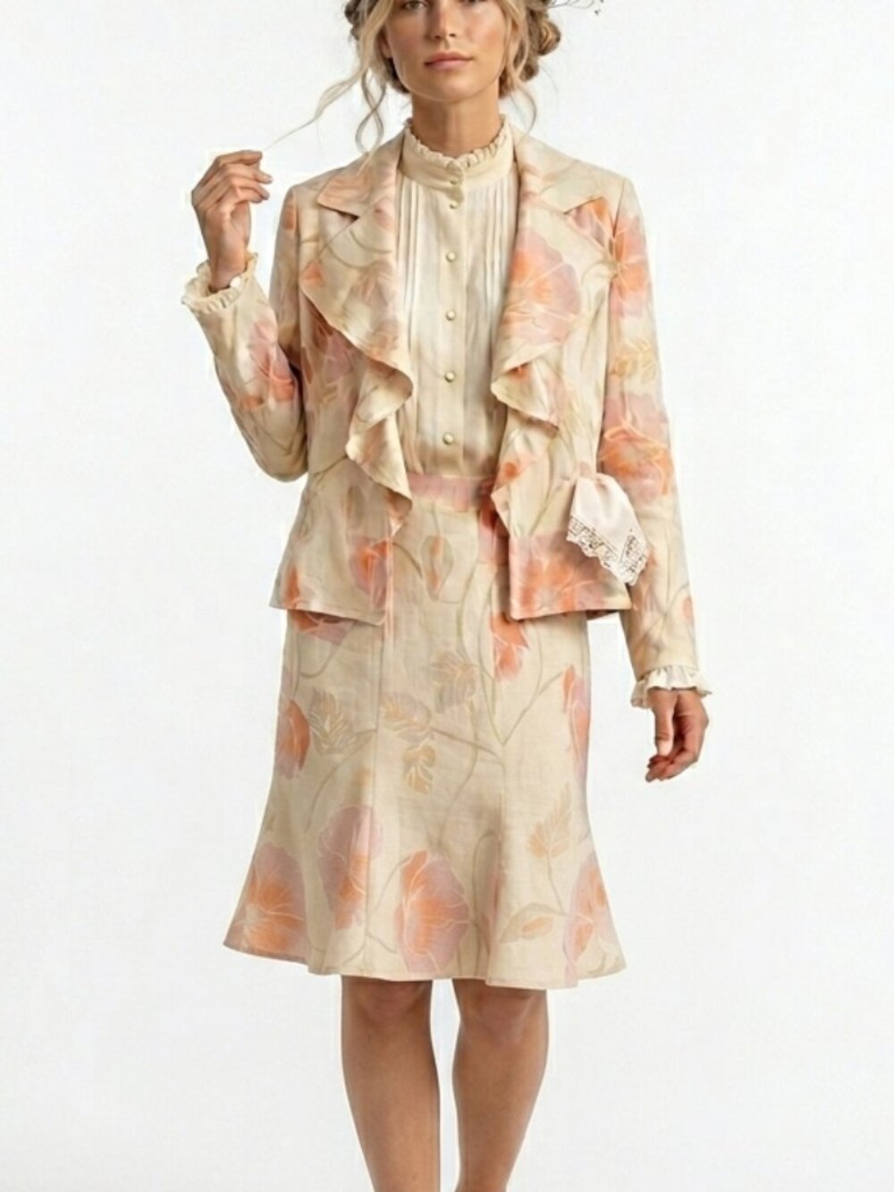 Vintage Raffinalla Cotton/Linen Peach Cream Floral Suit M Cottagecore Grandma